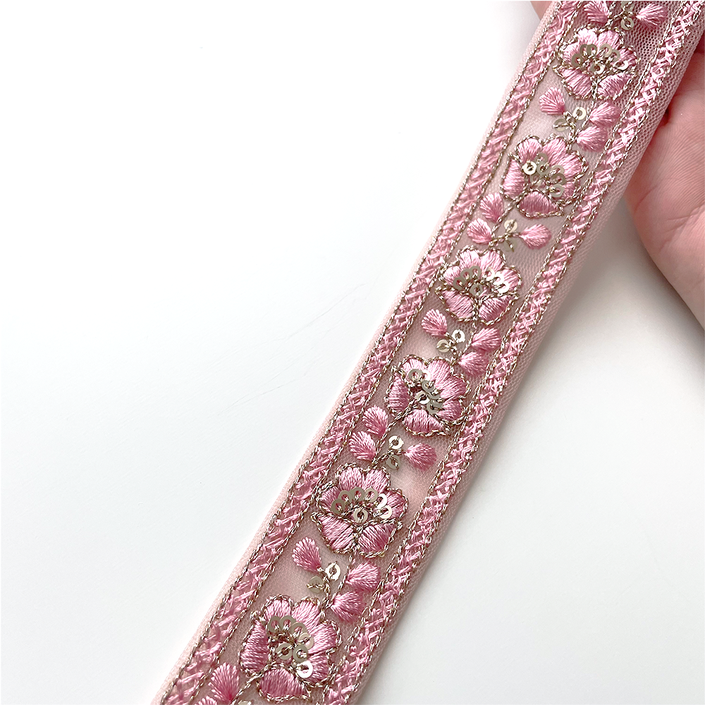 793 【 幅：3cm 】 インド刺繍リボン　サクラ　チュール　ゴールド