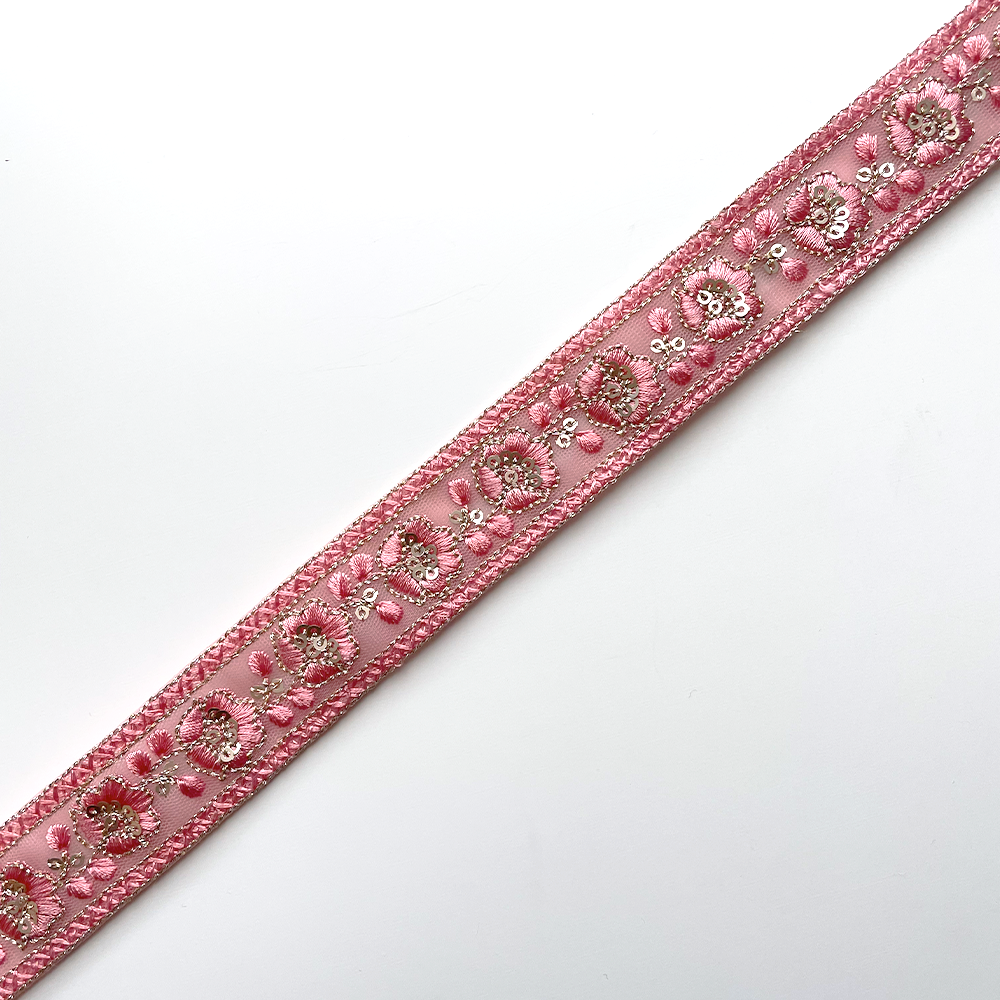 794 【 幅：3cm 】 インド刺繍リボン　ピンク　チュール　ゴールド