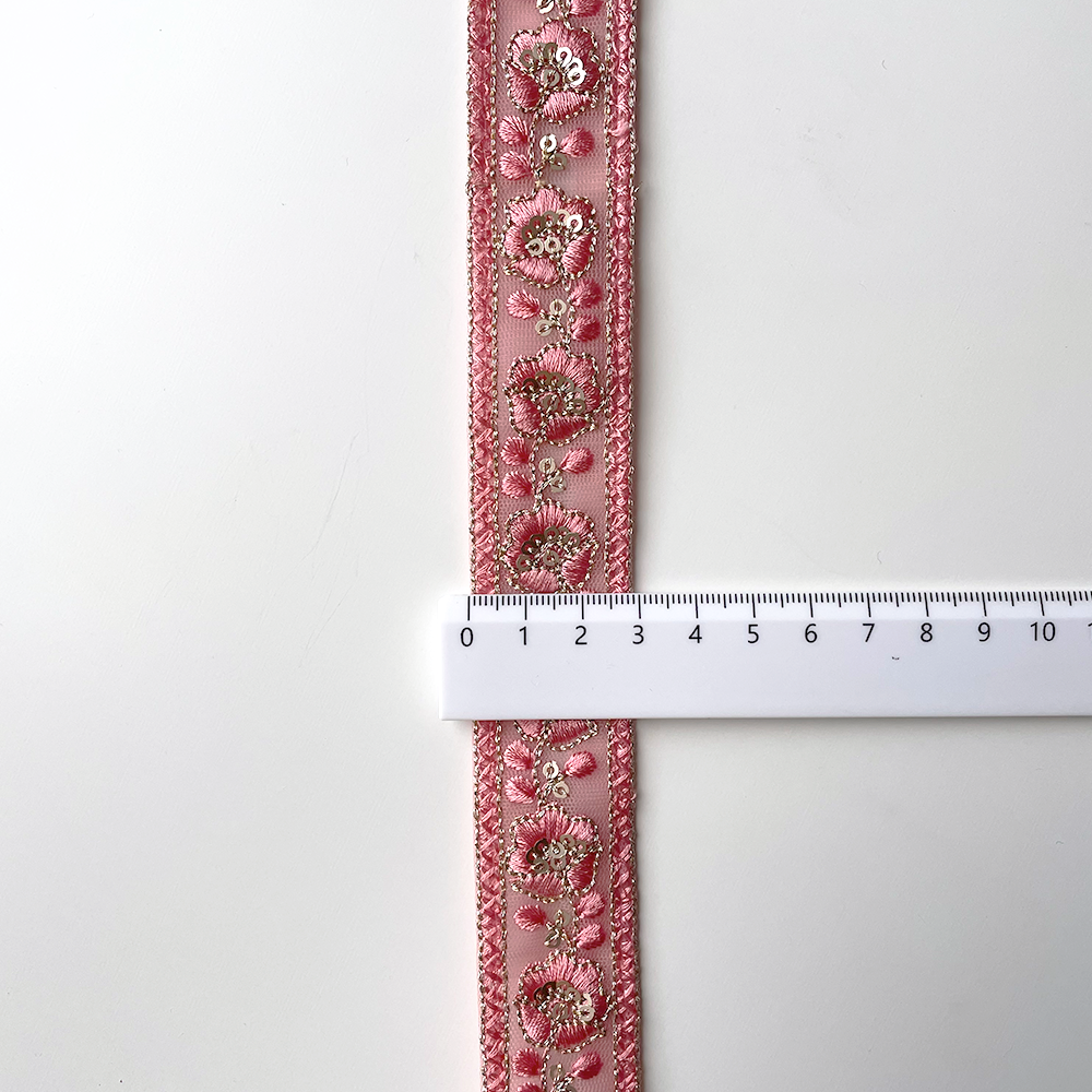 794 【 幅：3cm 】 インド刺繍リボン　ピンク　チュール　ゴールド