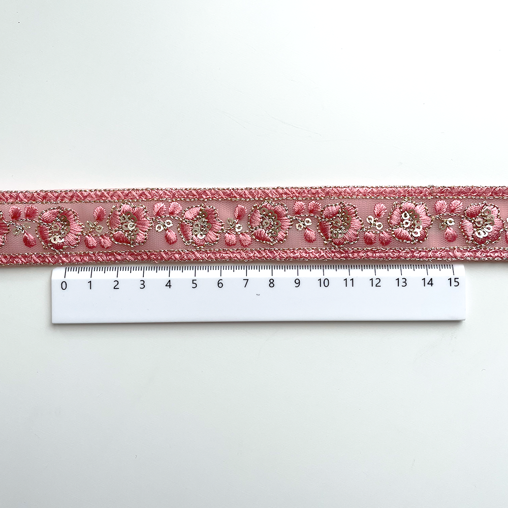 794 【 幅：3cm 】 インド刺繍リボン　ピンク　チュール　ゴールド