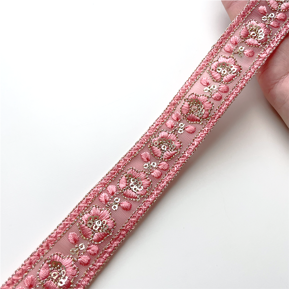 794 【 幅：3cm 】 インド刺繍リボン　ピンク　チュール　ゴールド