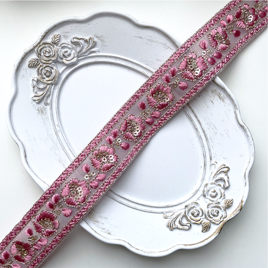 795 【 幅：3cm 】 インド刺繍リボン　ローズ　チュール　ゴールド