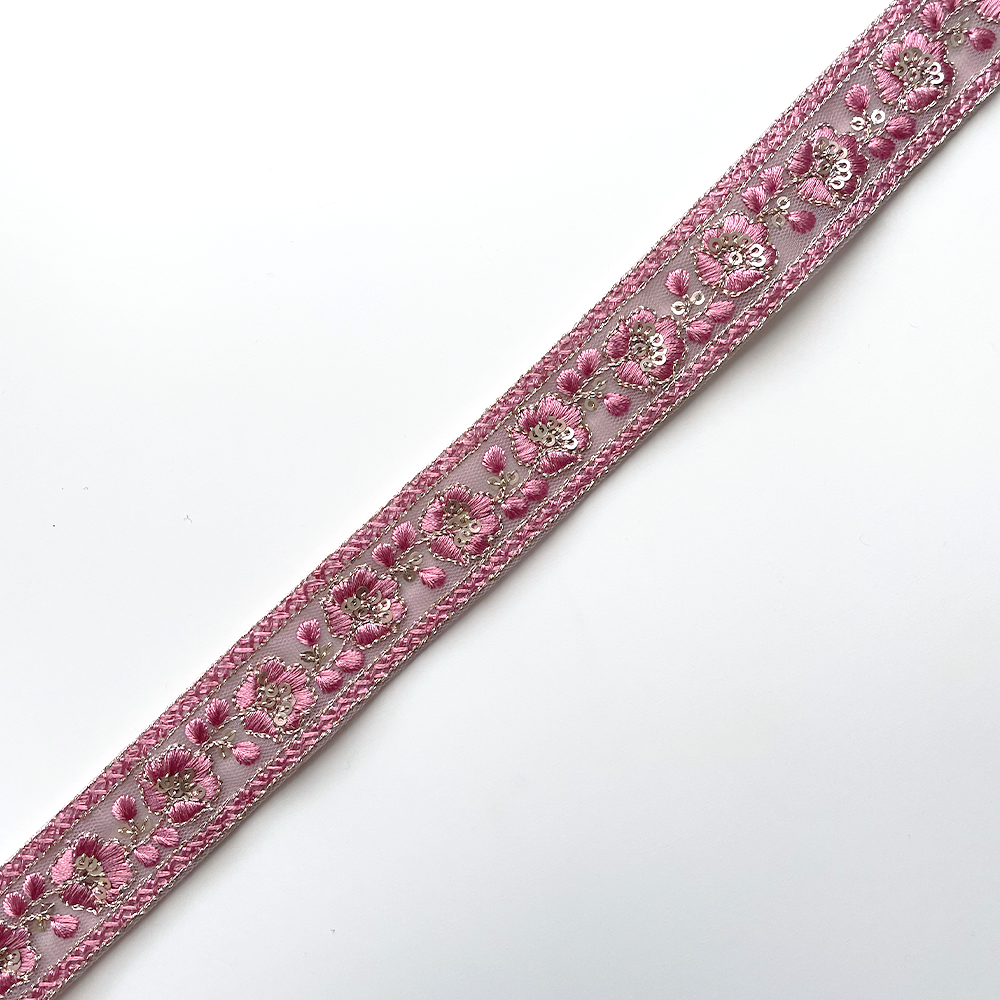795 【 幅：3cm 】 インド刺繍リボン　ローズ　チュール　ゴールド