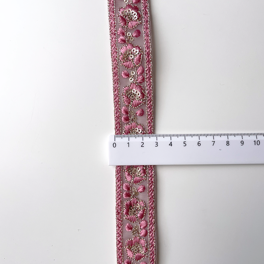 795 【 幅：3cm 】 インド刺繍リボン　ローズ　チュール　ゴールド