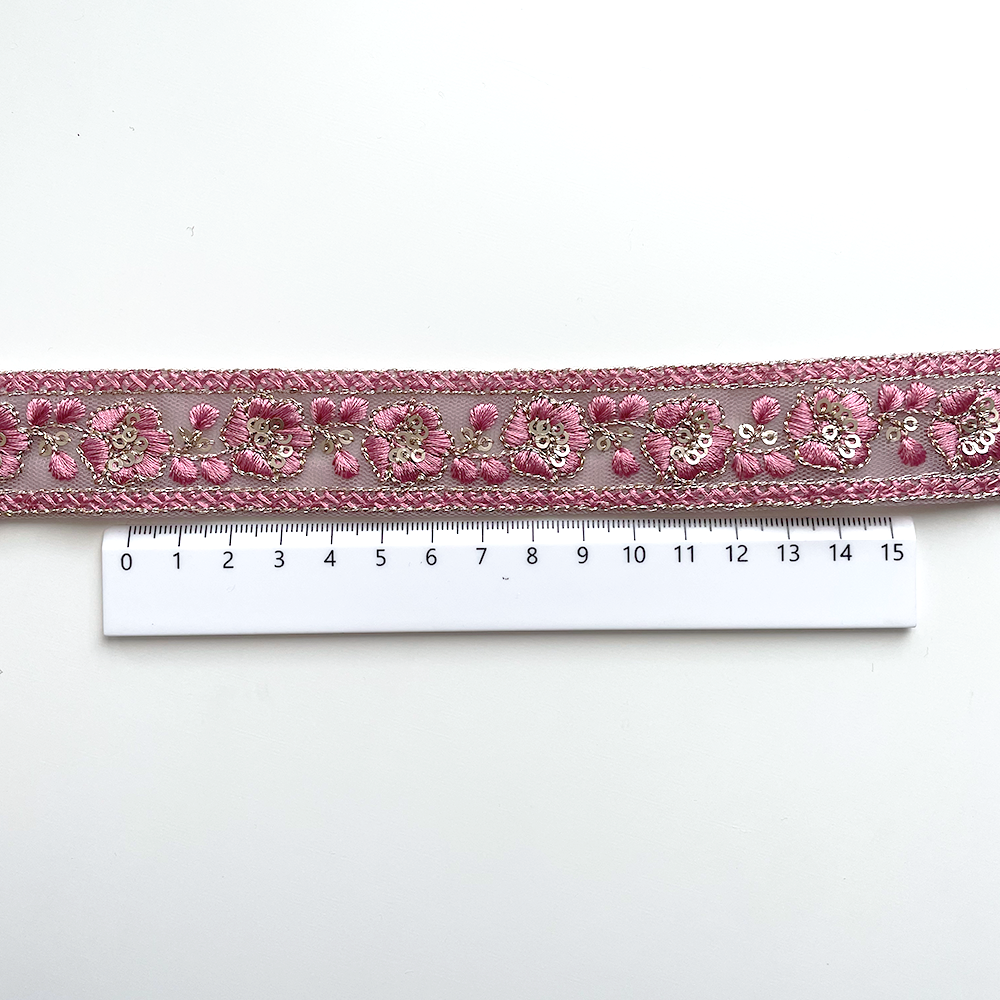 795 【 幅：3cm 】 インド刺繍リボン　ローズ　チュール　ゴールド