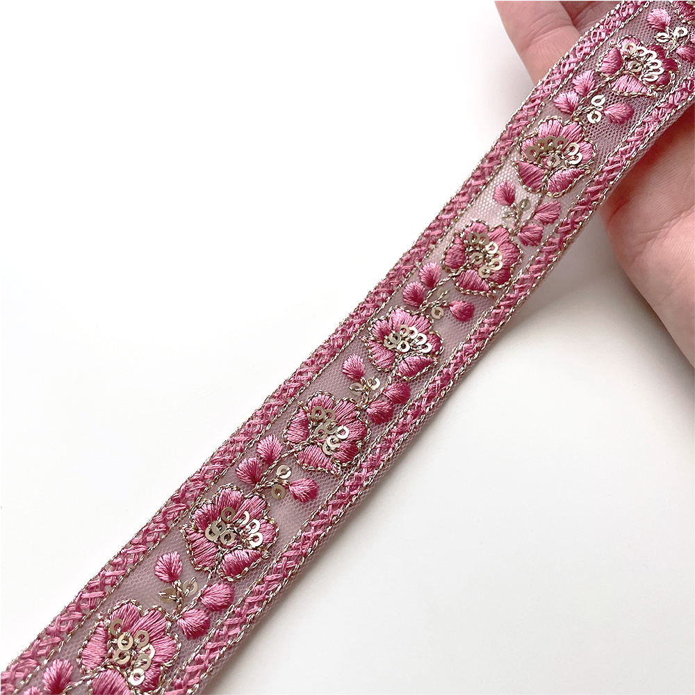 795 【 幅：3cm 】 インド刺繍リボン　ローズ　チュール　ゴールド