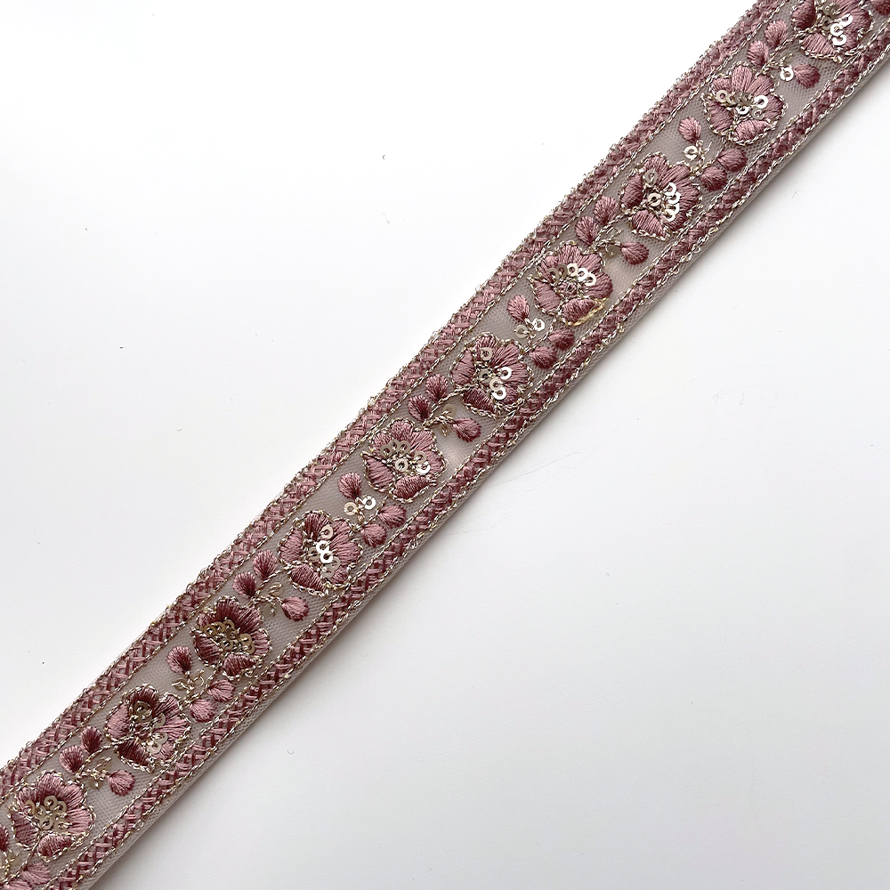798 【 幅：3cm 】 インド刺繍リボン　ダスティライラック　チュール　ゴールド