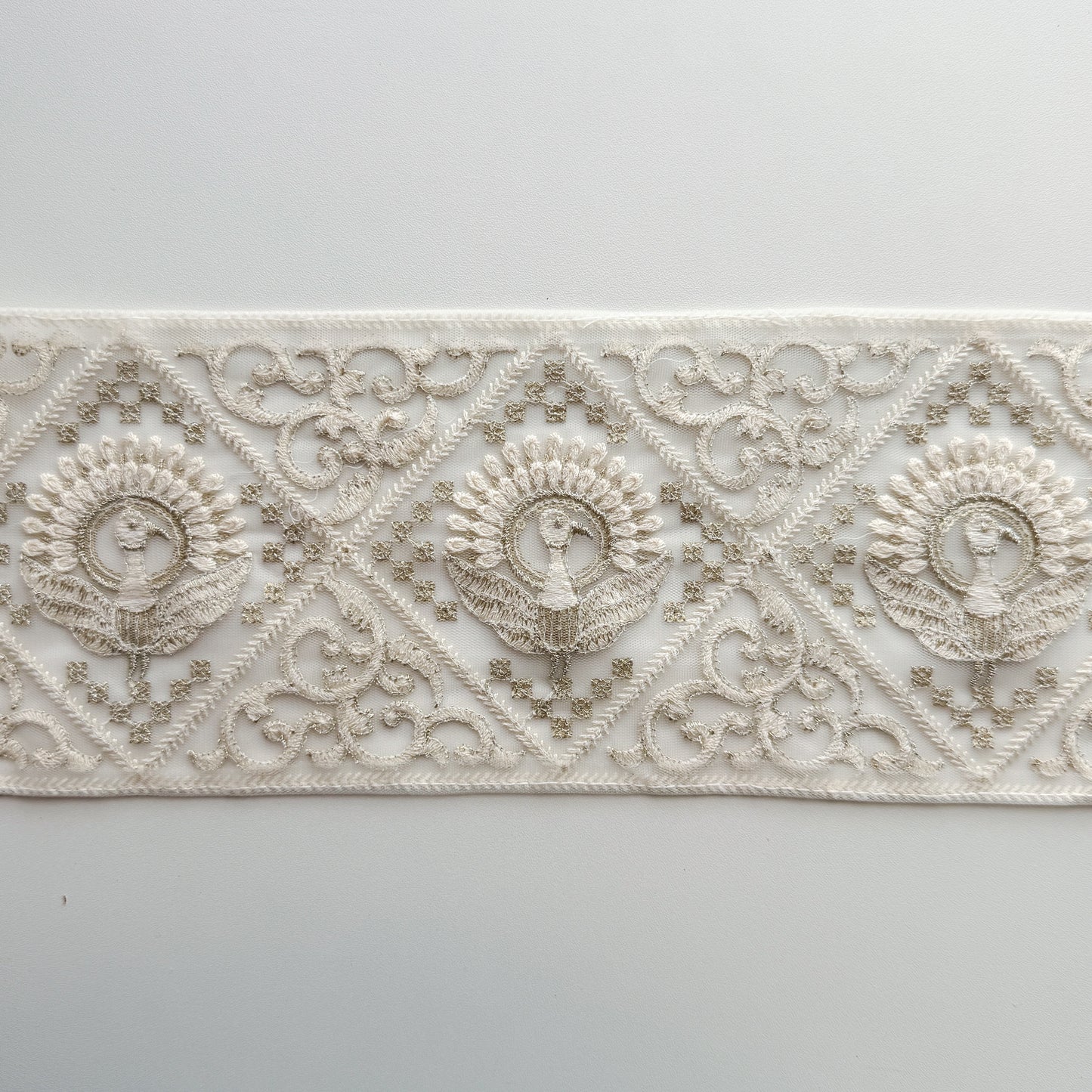 S340 インド刺繍リボン 13cm幅 チュール ピーコック
