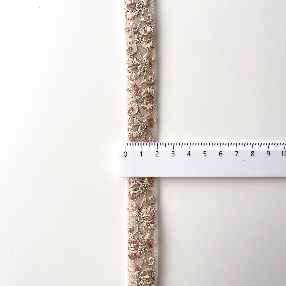 837 【 幅：2cm 】 インド刺繍リボン　ベージュ　チュール　ゴールド