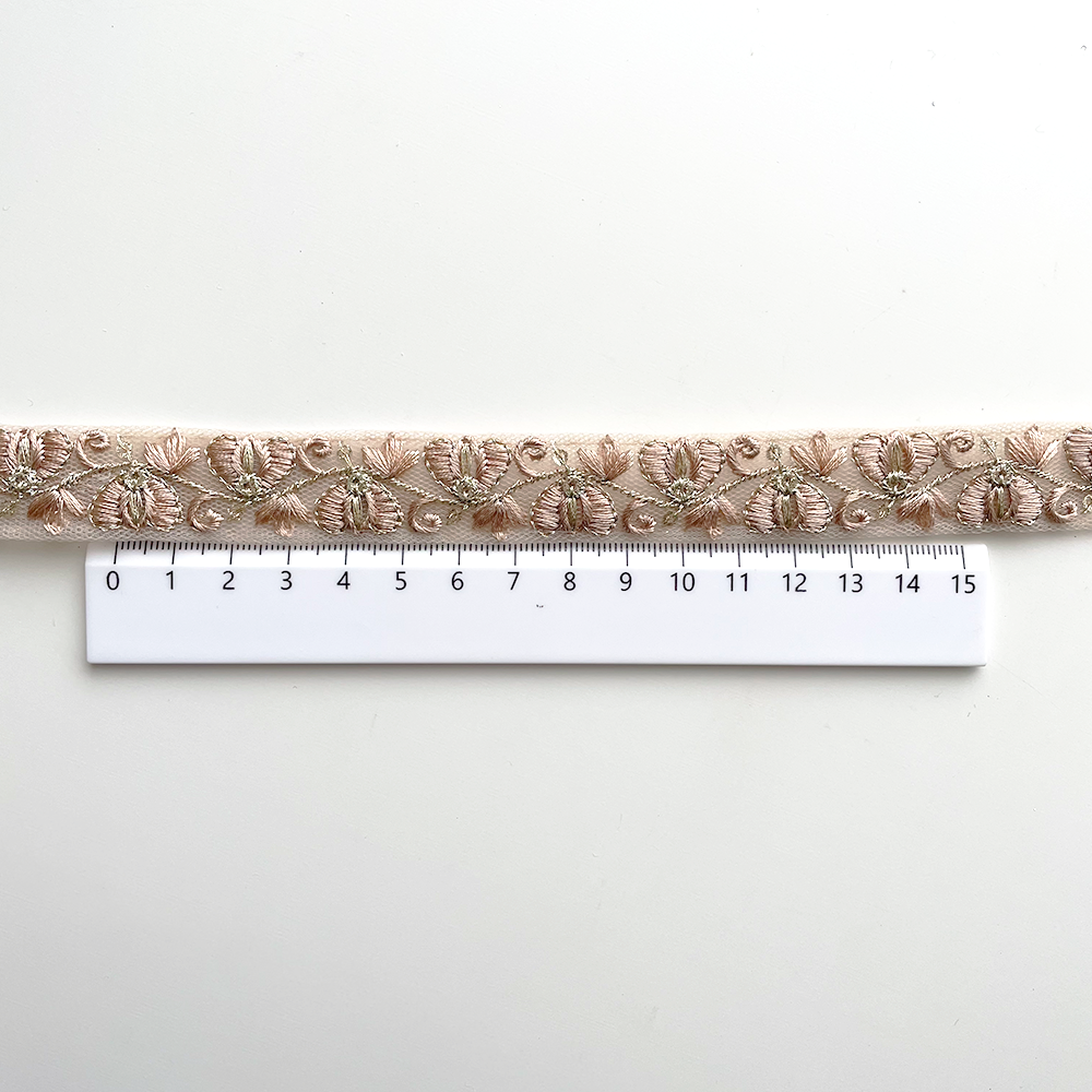 837 【 幅：2cm 】 インド刺繍リボン　ベージュ　チュール　ゴールド