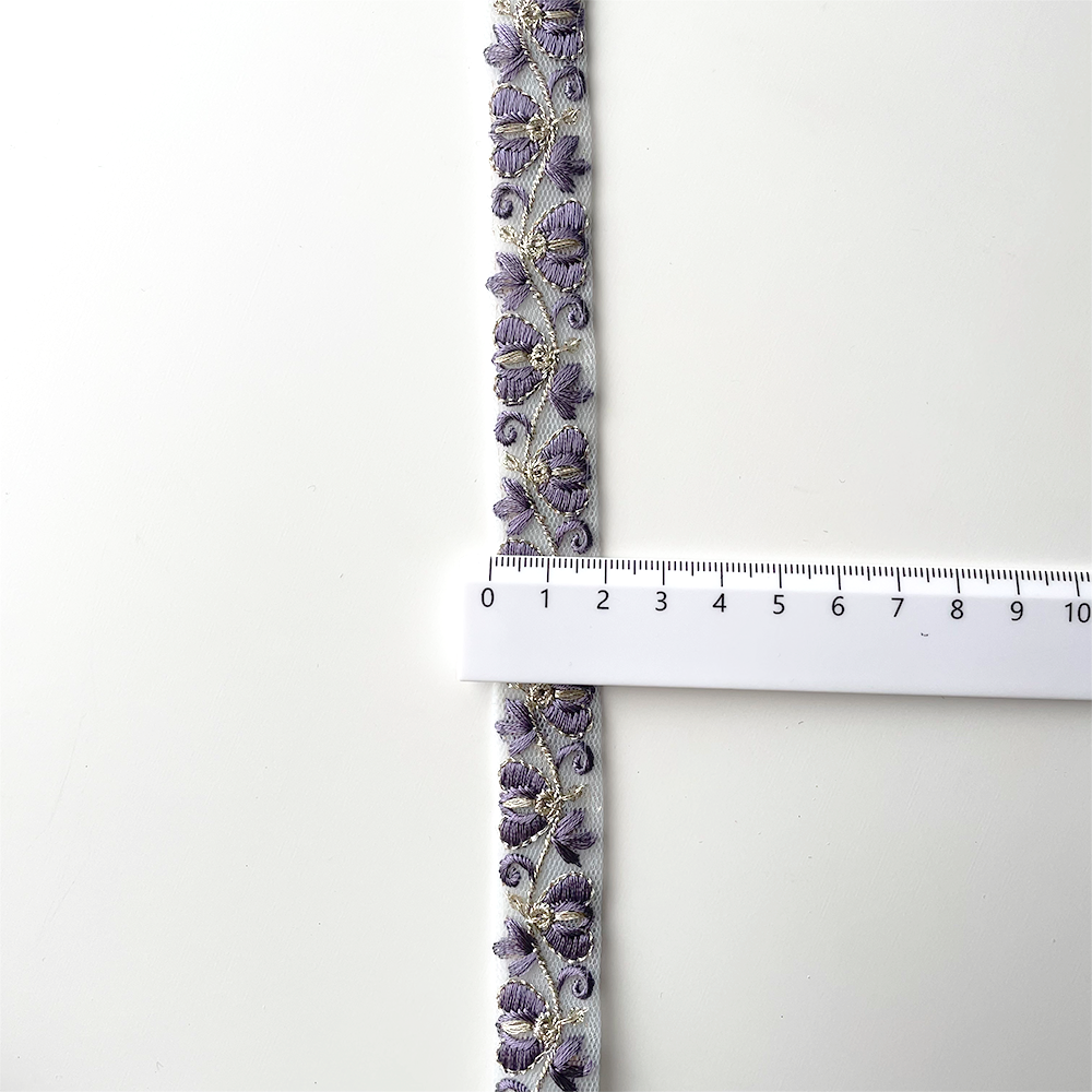 840 【 幅：2cm 】 インド刺繍リボン　ベビーブルー　チュール　ゴールド