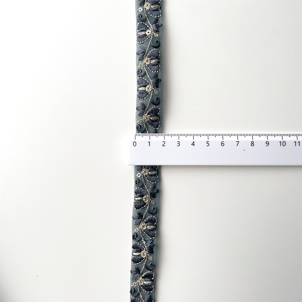 842 【 幅：2cm 】 インド刺繍リボン　グリーン　チュール　ゴールド