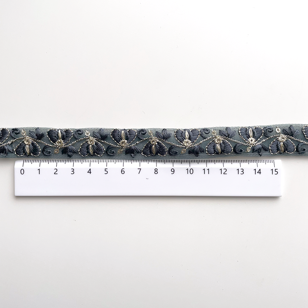 842 【 幅：2cm 】 インド刺繍リボン　グリーン　チュール　ゴールド