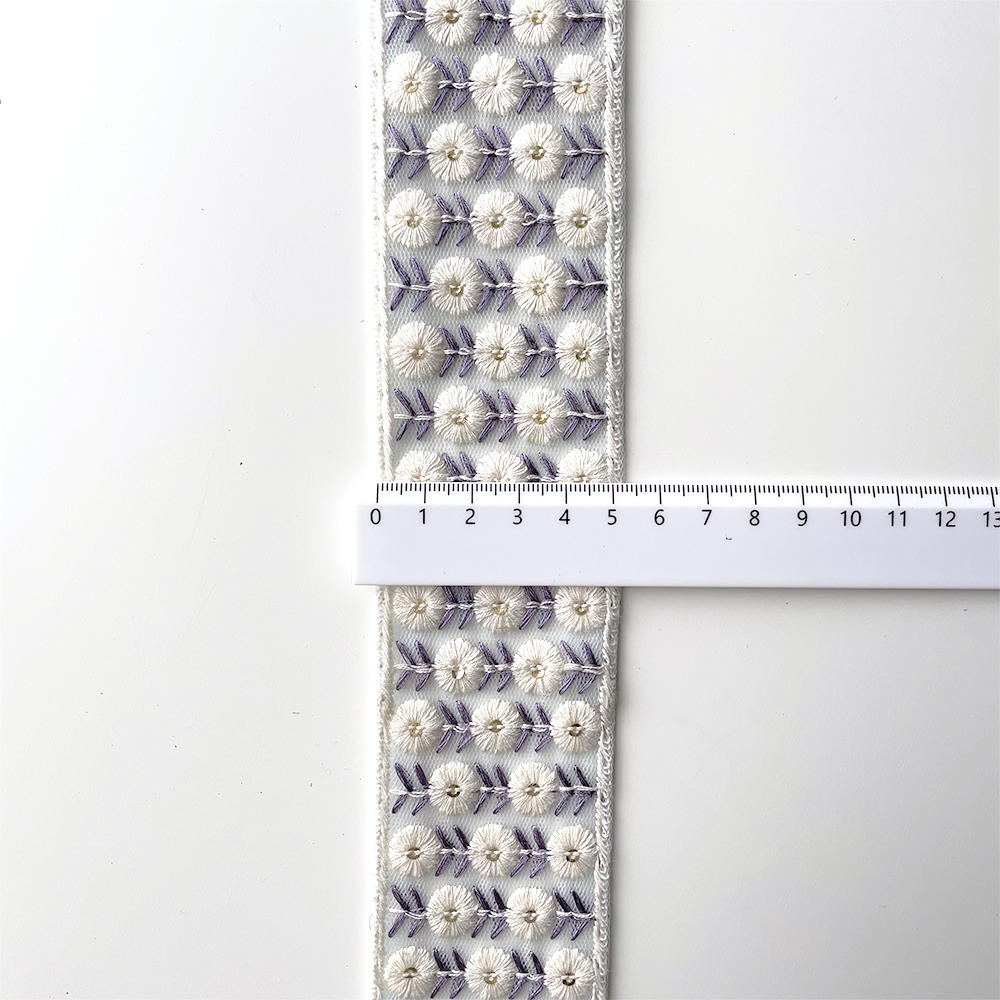 845 【 幅：5cm 】 インド刺繍リボン　ベビーブルー　チュール　ホワイト　パープル