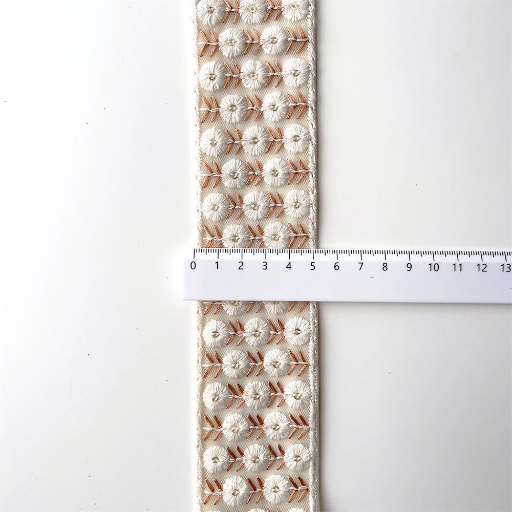 846 【 幅：5cm 】 インド刺繍リボン　オレンジ　チュール　ホワイト