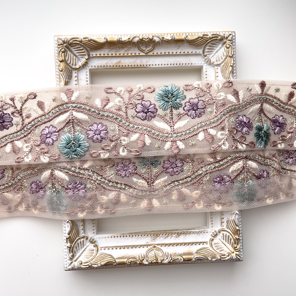 849 【 幅：4.5cm 】 インド刺繍リボン　ベージュ　チュール　ターコイズ　パープル