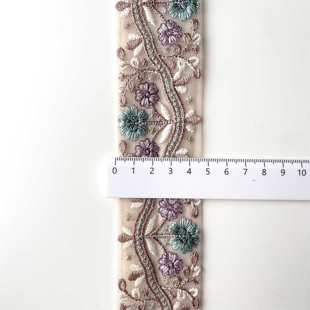 849 【 幅：4.5cm 】 インド刺繍リボン　ベージュ　チュール　ターコイズ　パープル