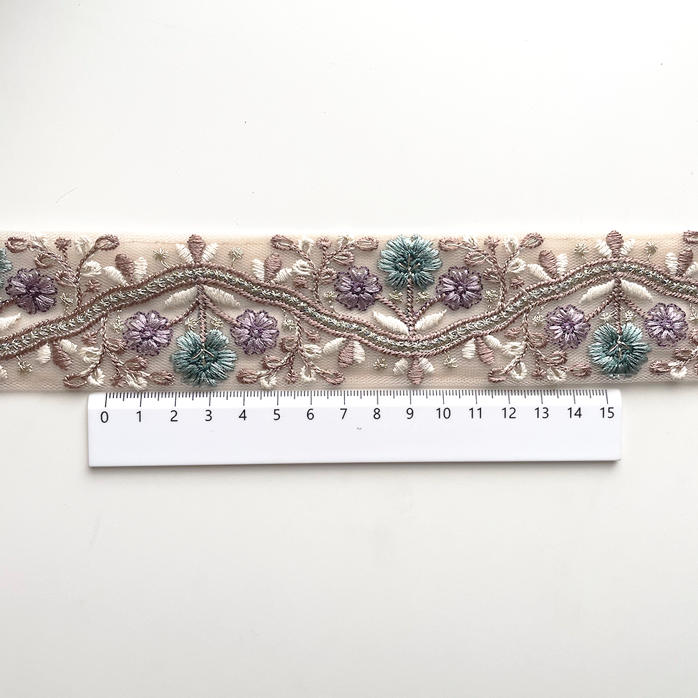 849 【 幅：4.5cm 】 インド刺繍リボン　ベージュ　チュール　ターコイズ　パープル