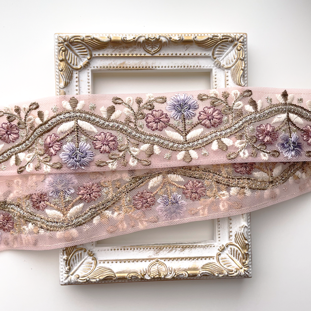 850 【 幅：4.5cm 】 インド刺繍リボン　ピンク　チュール　パープル　グリーン