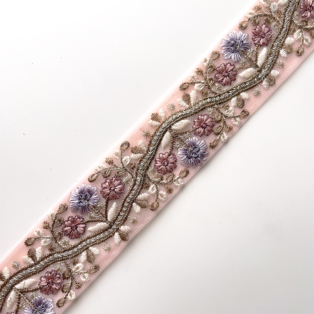 850 【 幅：4.5cm 】 インド刺繍リボン　ピンク　チュール　パープル　グリーン