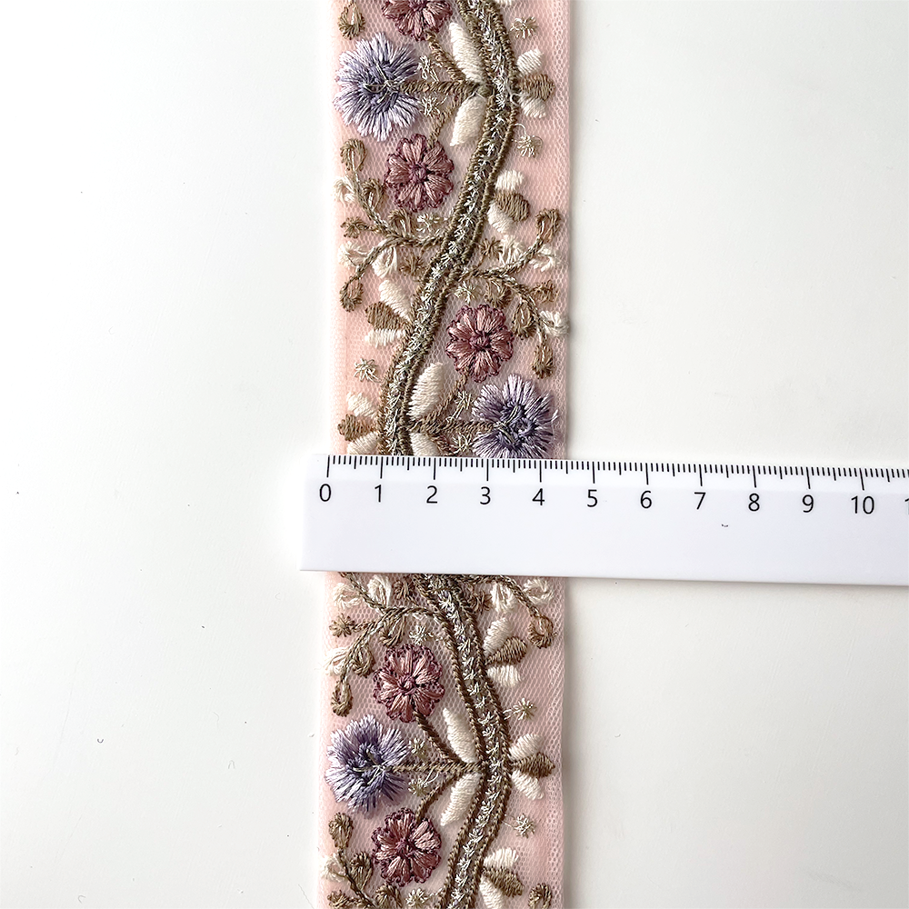 850 【 幅：4.5cm 】 インド刺繍リボン　ピンク　チュール　パープル　グリーン