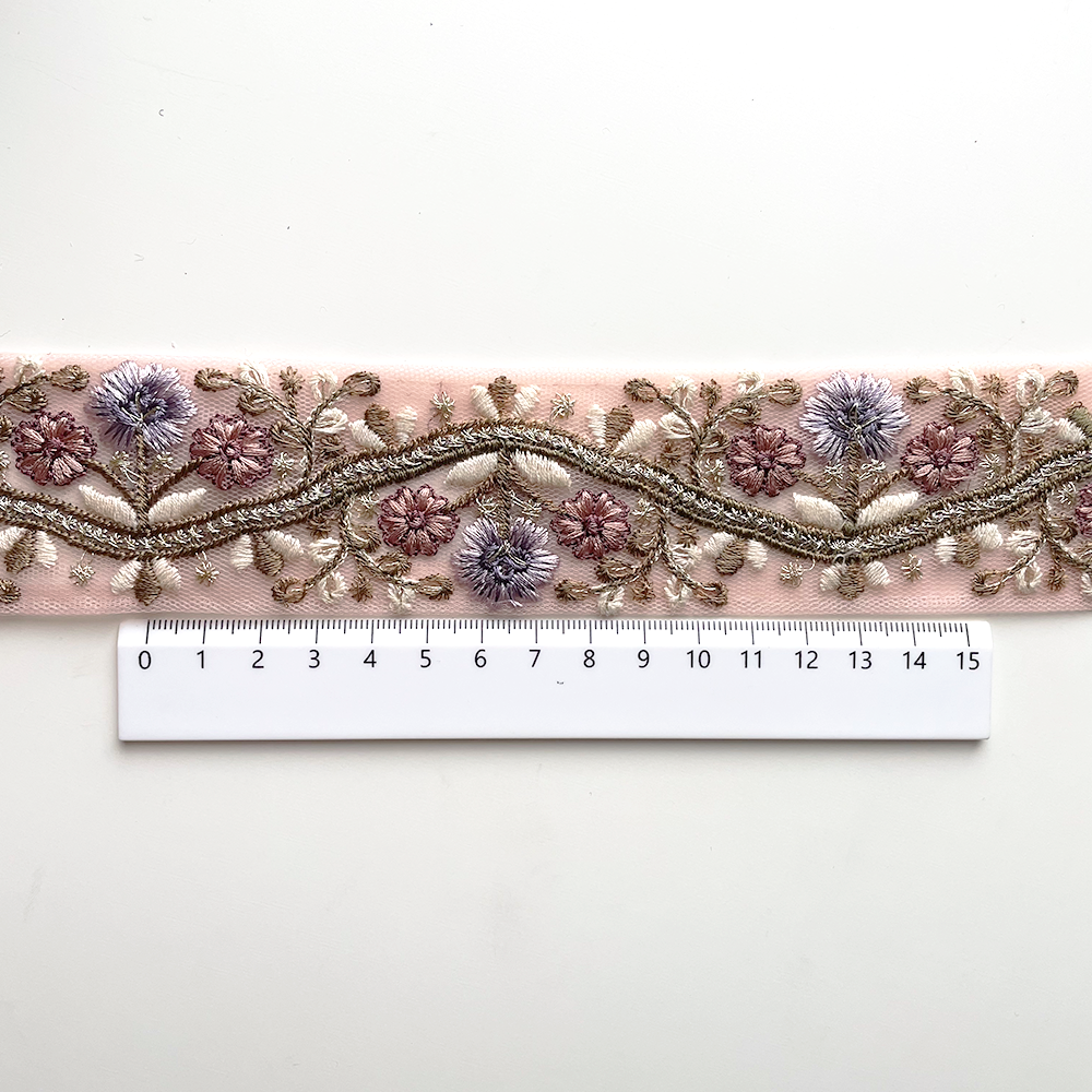 850 【 幅：4.5cm 】 インド刺繍リボン　ピンク　チュール　パープル　グリーン