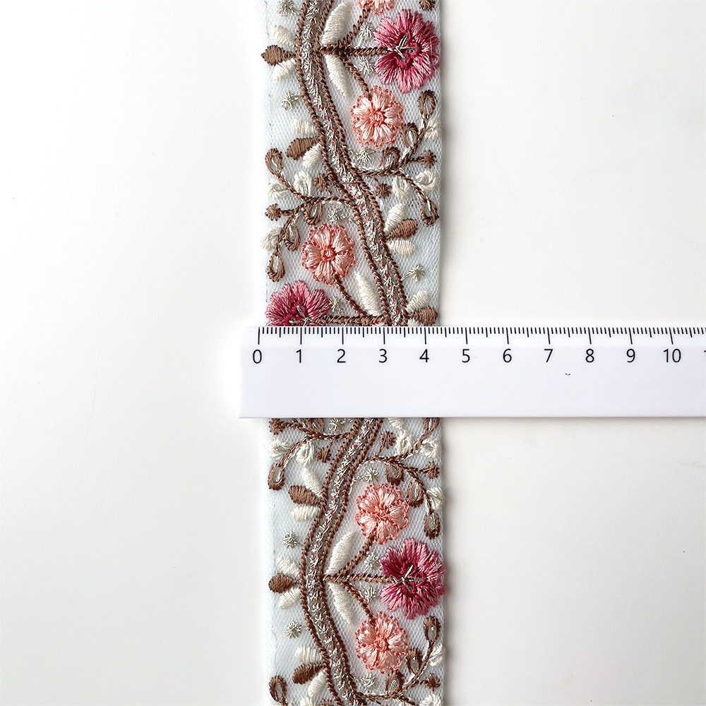 851 【 幅：4.5cm 】 インド刺繍リボン　ベビーブルー　チュール　ローズ　ピーチ