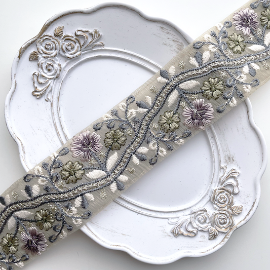 853 【 幅：4.5cm 】 インド刺繍リボン　グリーン　チュール　パープル　ブルー