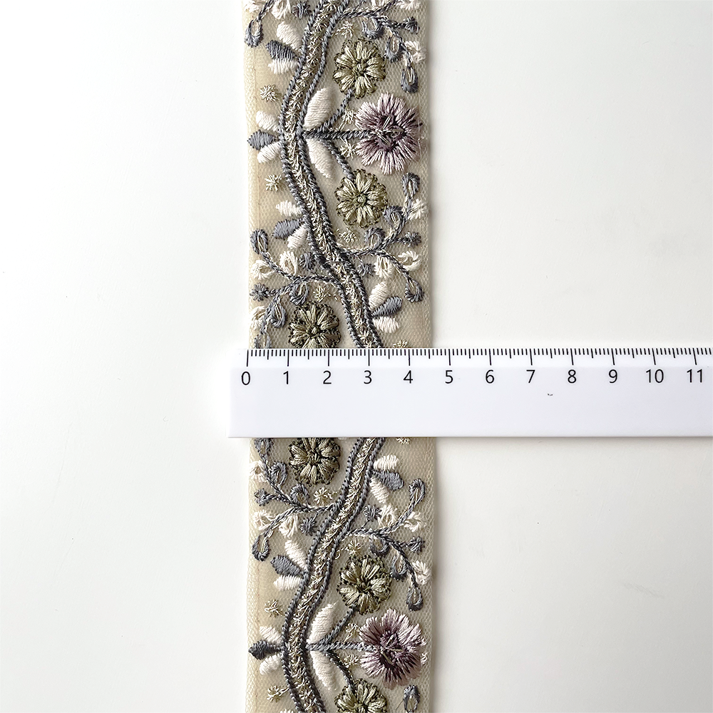 853 【 幅：4.5cm 】 インド刺繍リボン　グリーン　チュール　パープル　ブルー