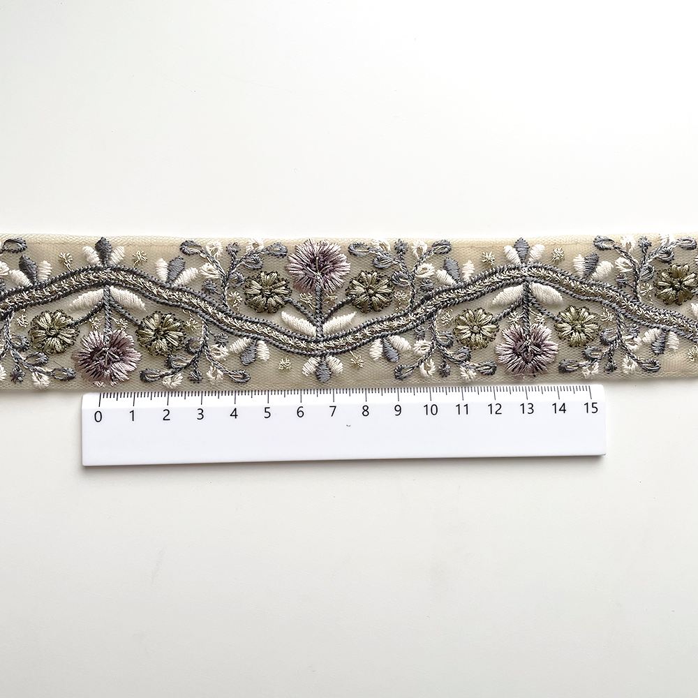 853 【 幅：4.5cm 】 インド刺繍リボン　グリーン　チュール　パープル　ブルー