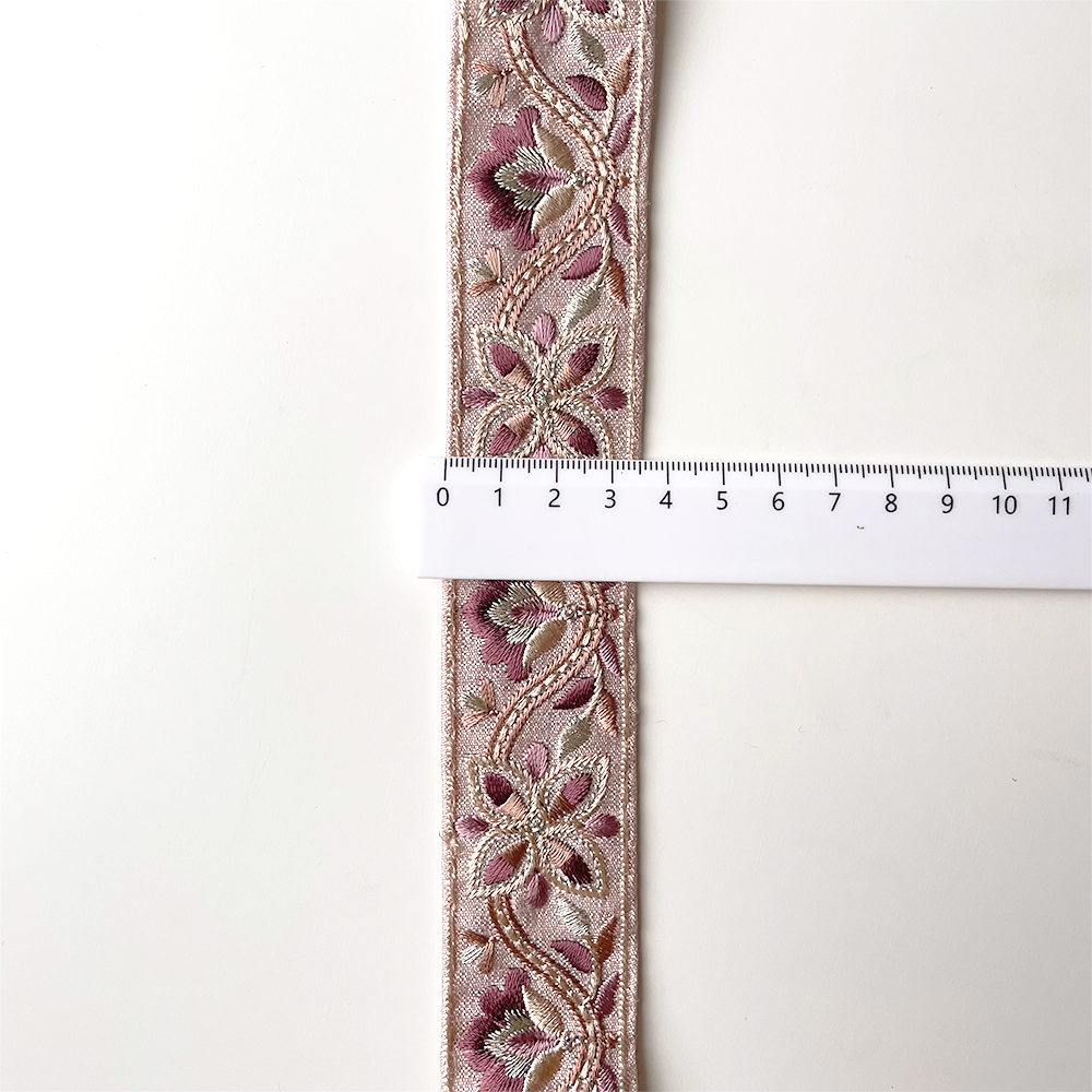 856 【 幅：3.5cm 】 インド刺繍リボン　ピンク　布地　ローズ