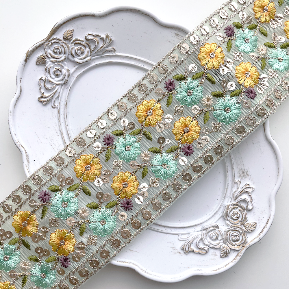 860 【 幅：6.5cm 】 インド刺繍リボン　ミント　チュール　イエロー