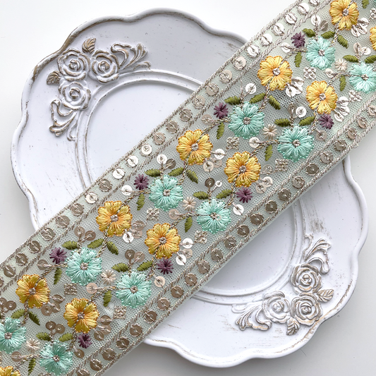 860 【 幅：6.5cm 】 インド刺繍リボン　ミント　チュール　イエロー