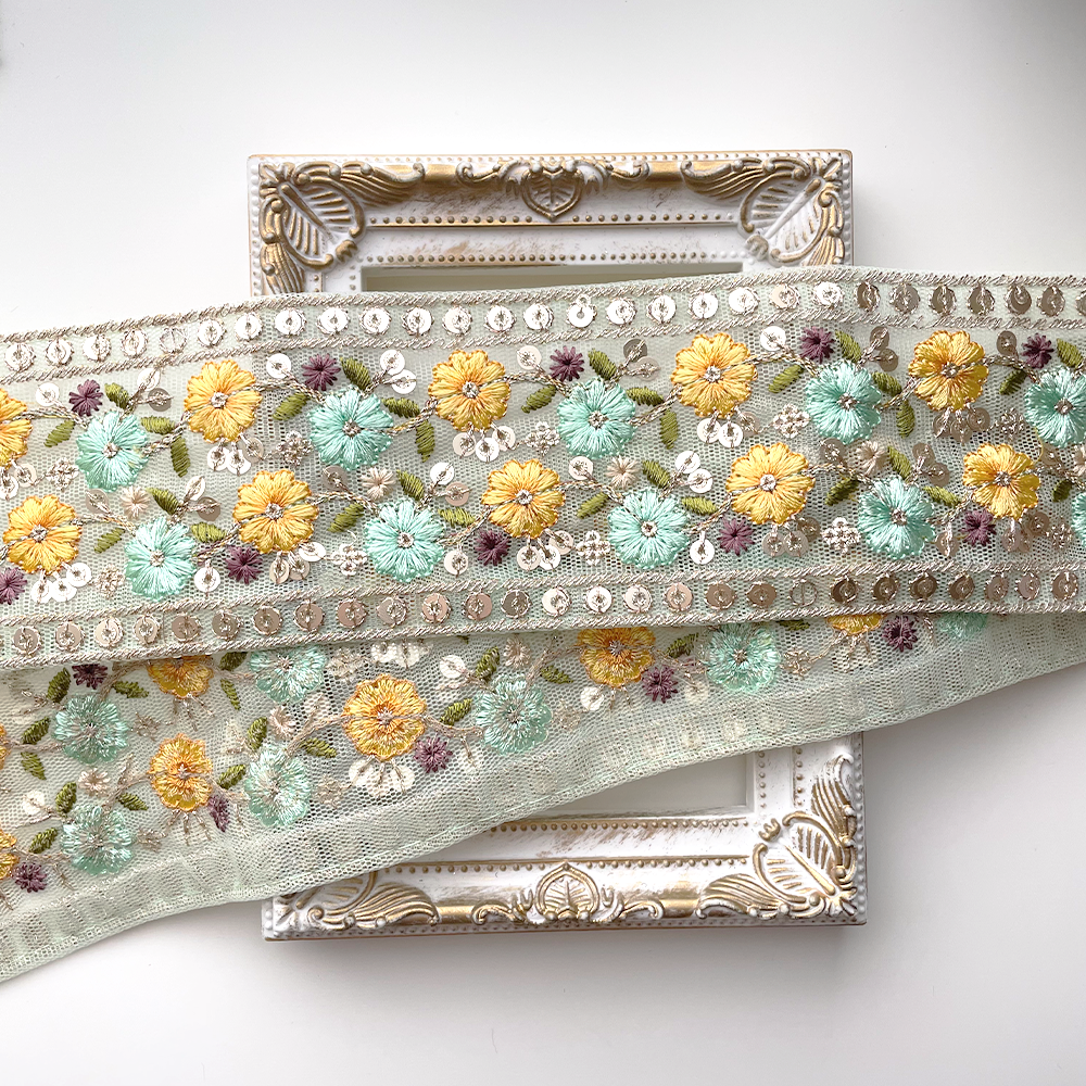 860 【 幅：6.5cm 】 インド刺繍リボン　ミント　チュール　イエロー