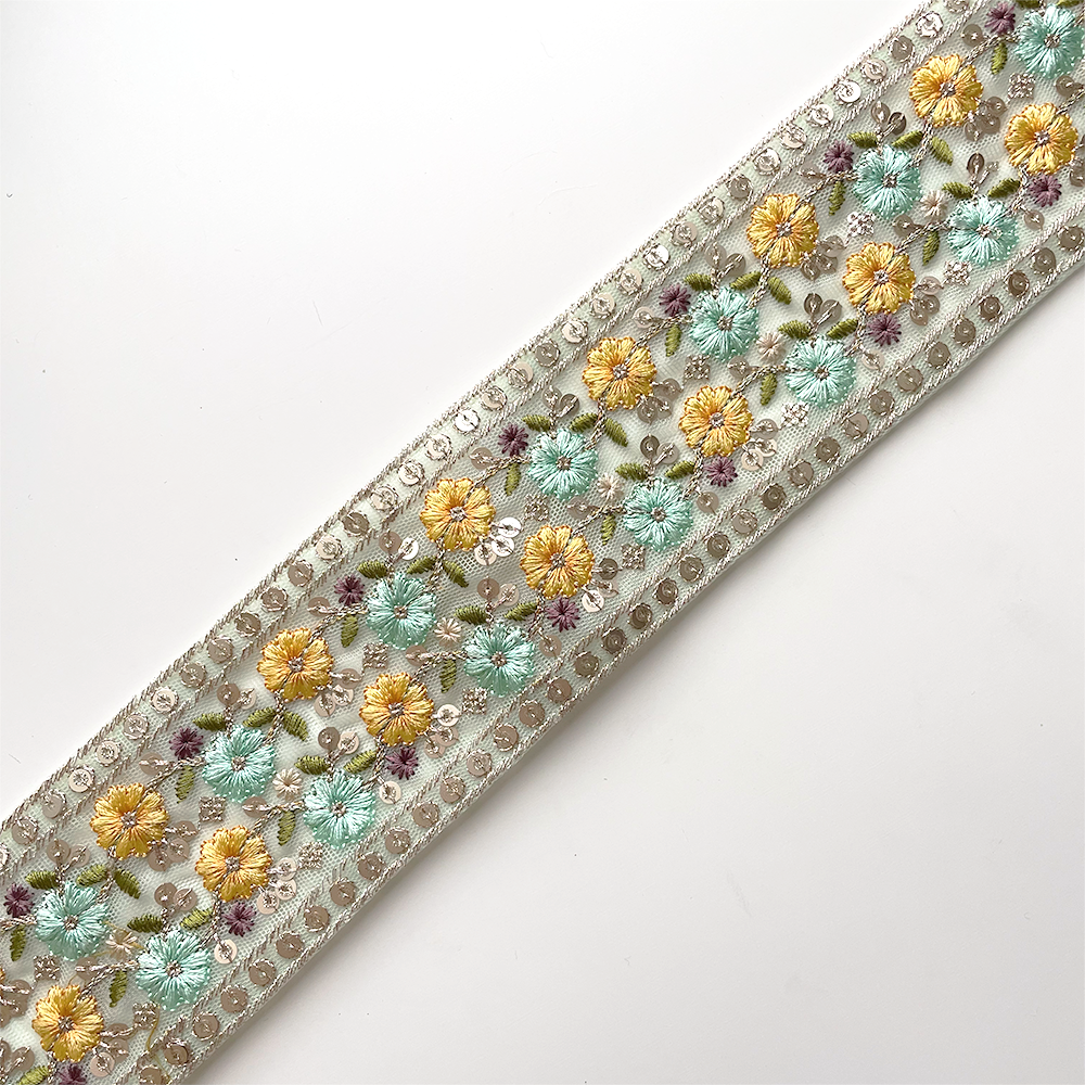 860 【 幅：6.5cm 】 インド刺繍リボン　ミント　チュール　イエロー