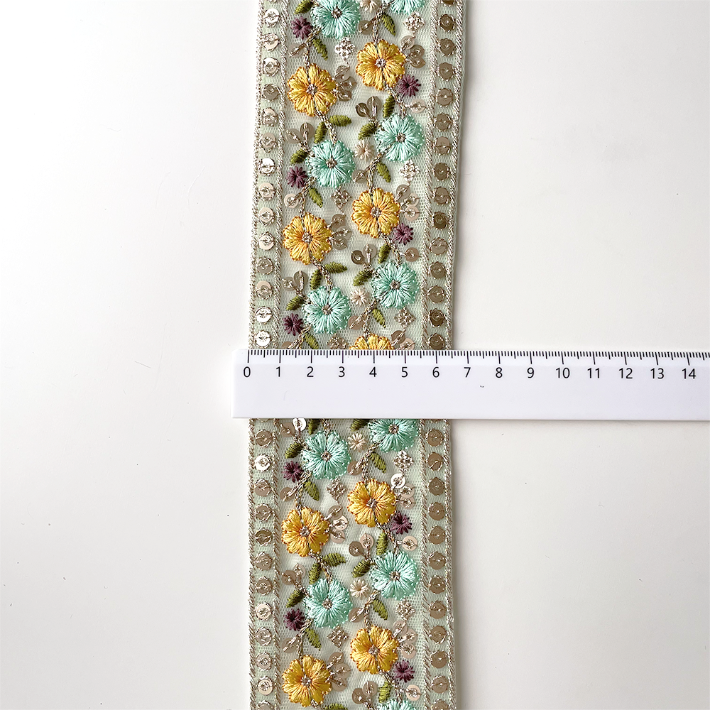 860 【 幅：6.5cm 】 インド刺繍リボン　ミント　チュール　イエロー