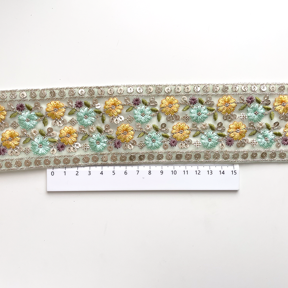 860 【 幅：6.5cm 】 インド刺繍リボン　ミント　チュール　イエロー
