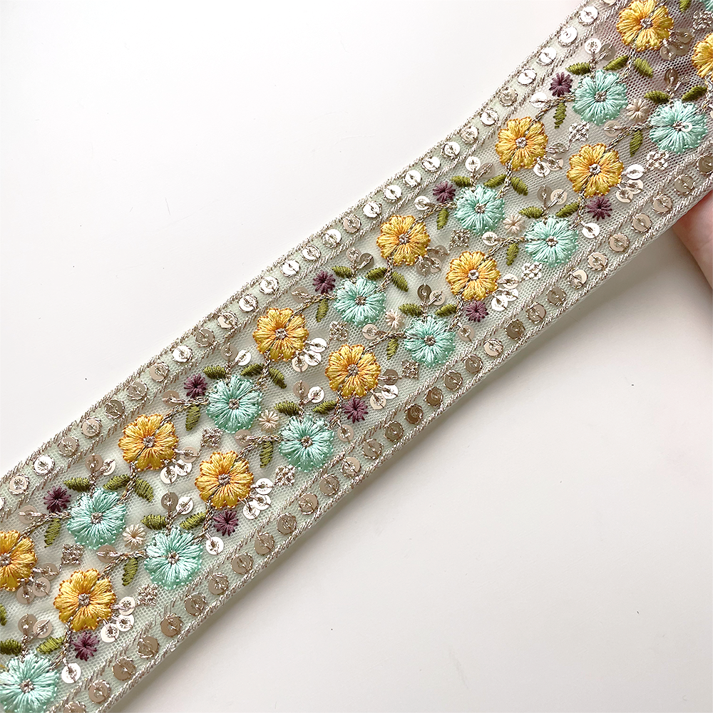 860 【 幅：6.5cm 】 インド刺繍リボン　ミント　チュール　イエロー