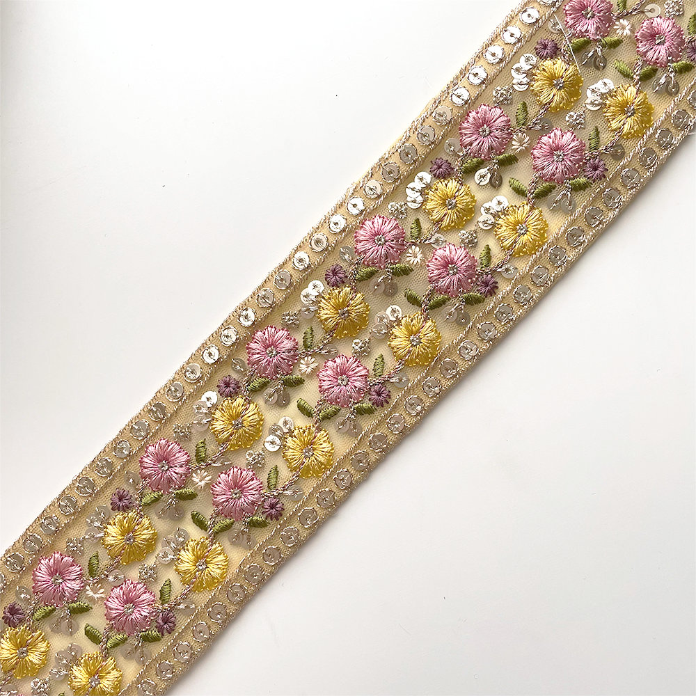 861 【 幅：6.5cm 】 インド刺繍リボン　イエロー　チュール　ピンク