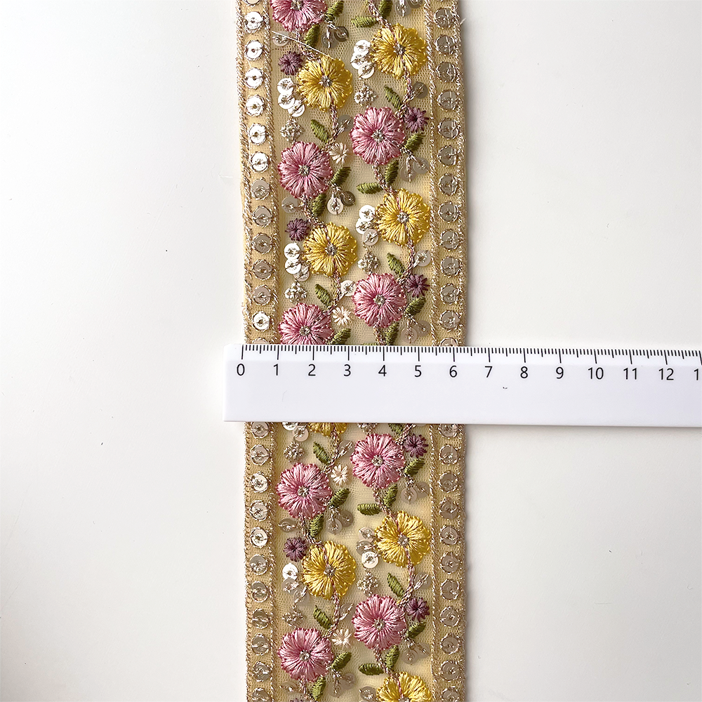 861 【 幅：6.5cm 】 インド刺繍リボン　イエロー　チュール　ピンク