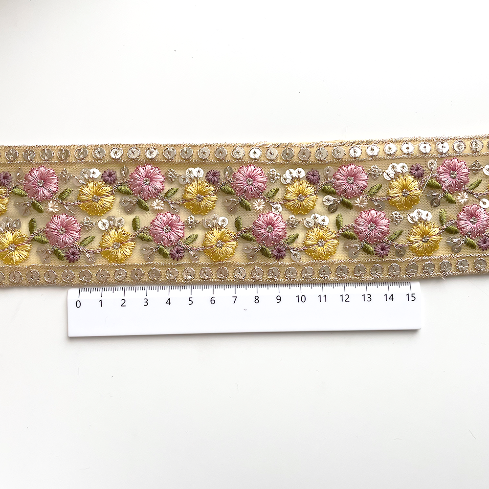 861 【 幅：6.5cm 】 インド刺繍リボン　イエロー　チュール　ピンク