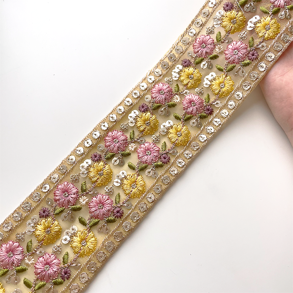 861 【 幅：6.5cm 】 インド刺繍リボン　イエロー　チュール　ピンク