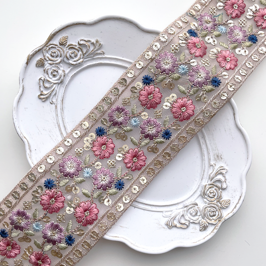 863 【 幅：6.5cm 】 インド刺繍リボン　ピンク　チュール　パープル