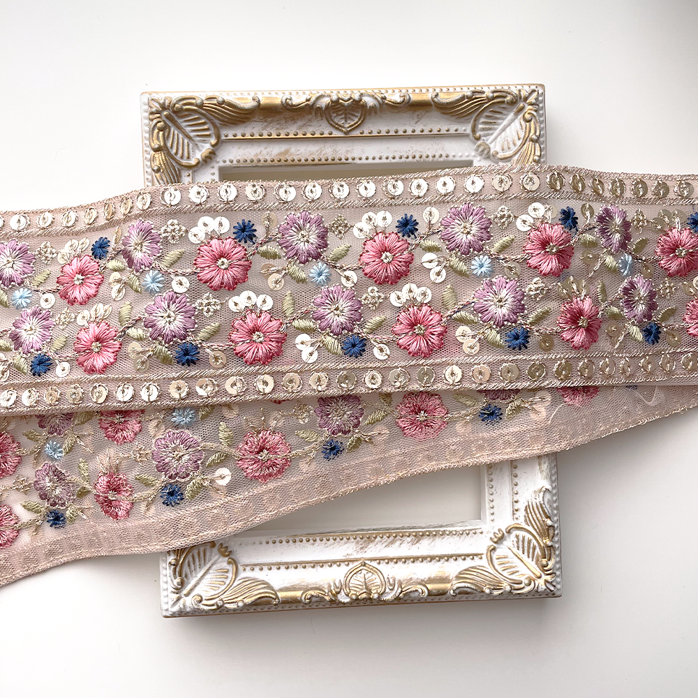 863 【 幅：6.5cm 】 インド刺繍リボン　ピンク　チュール　パープル