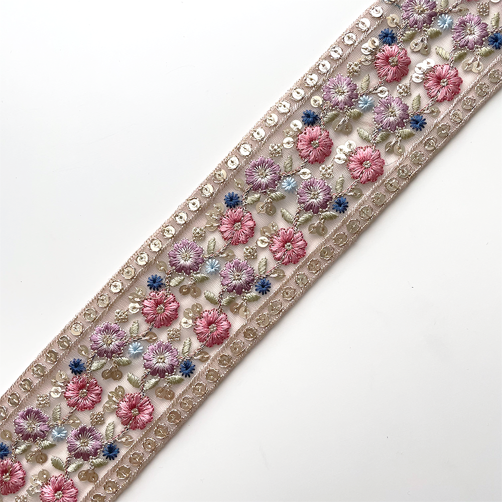 863 【 幅：6.5cm 】 インド刺繍リボン　ピンク　チュール　パープル