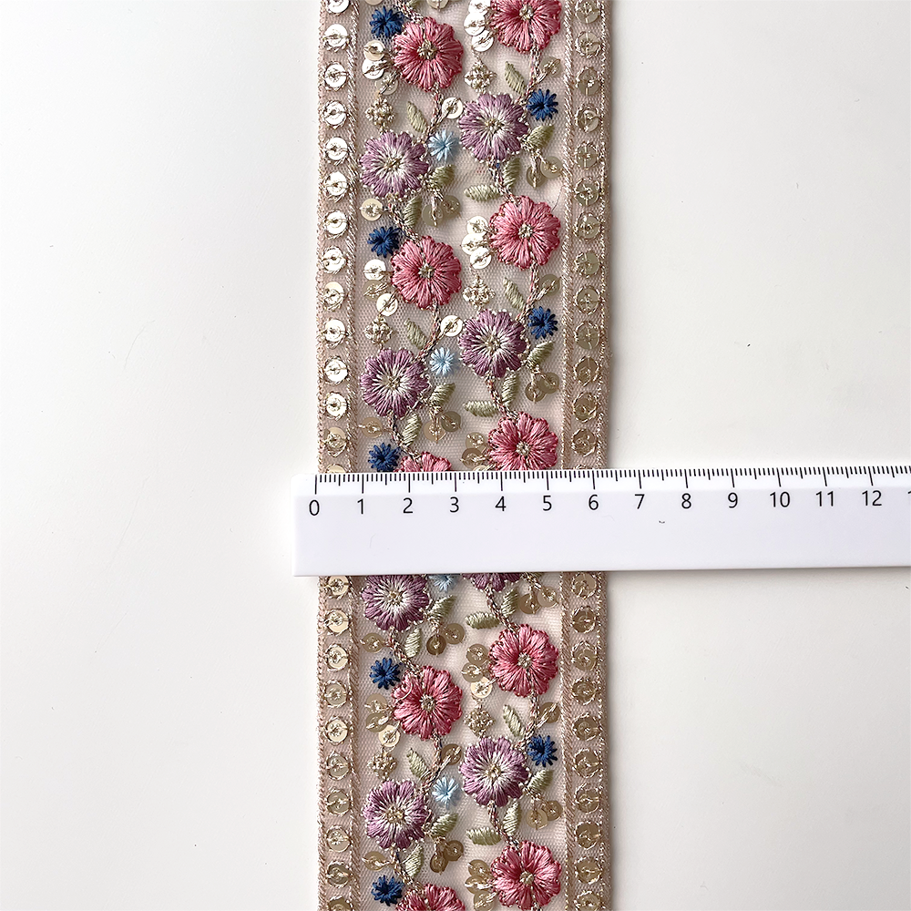 863 【 幅：6.5cm 】 インド刺繍リボン　ピンク　チュール　パープル