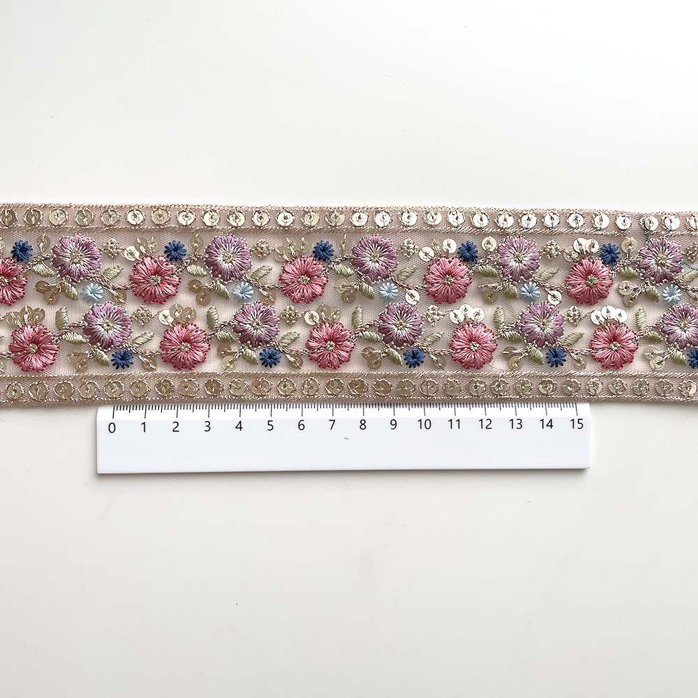 863 【 幅：6.5cm 】 インド刺繍リボン　ピンク　チュール　パープル