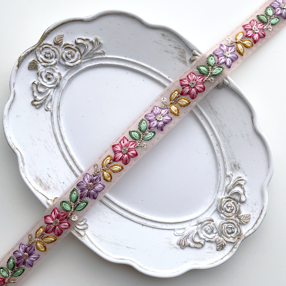 865 【 幅：1.5cm 】 インド刺繍リボン　ピンク　チュール　パープル　グリーン　イエロー