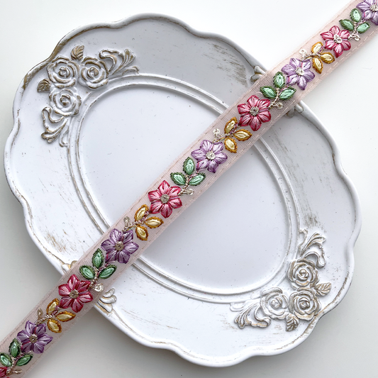 865 【 幅：1.5cm 】 インド刺繍リボン　ピンク　チュール　パープル　グリーン　イエロー
