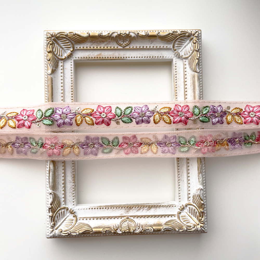 865 【 幅：1.5cm 】 インド刺繍リボン　ピンク　チュール　パープル　グリーン　イエロー